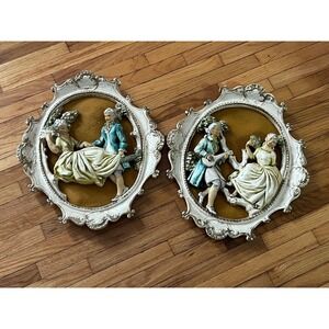 Vintage Mid Century Chalkware Wall Plaques Victorian Courting Couple Set of 2